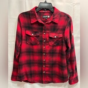 Canada Weather Gear Red and Black Plaid Button Up Flannel Shirt Junior Large